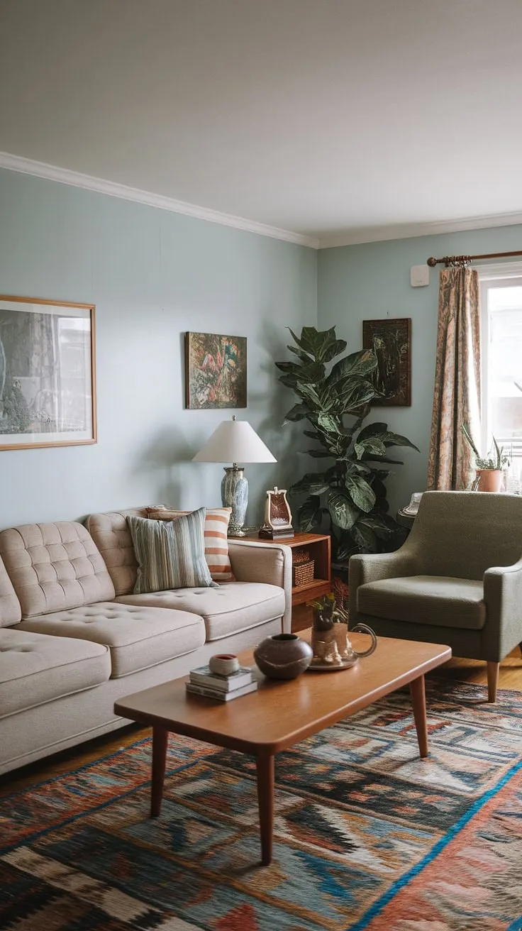 That unmistakable light blue wall, the beige sofa, the green armchair – a perfect blend of 90s furniture living rooms and 80s home aesthetic.  This 90s living room embodies the relaxed elegance of 90 home decor, with subtle nods to seventies home decor and 70 house interior trends in the patterned rug and wooden coffee table.