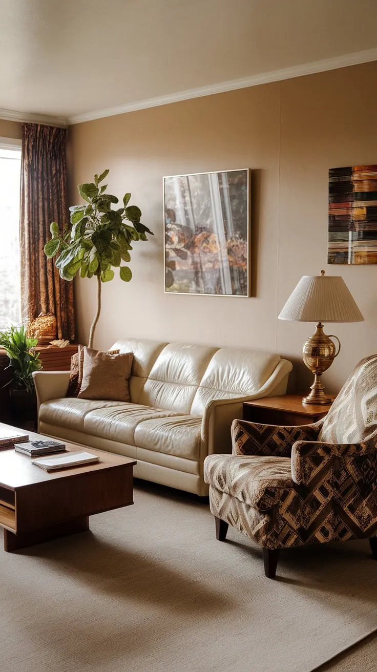 This 90s living room captures the essence of 90s home decor perfectly.  The beige walls, the 80 house decor accents, and the seventies home decor undertones all contribute to a retro charm.  Notice the classic 90s furniture living rooms style with the beige sofa and patterned armchair; a testament to the enduring appeal of this era's design.
