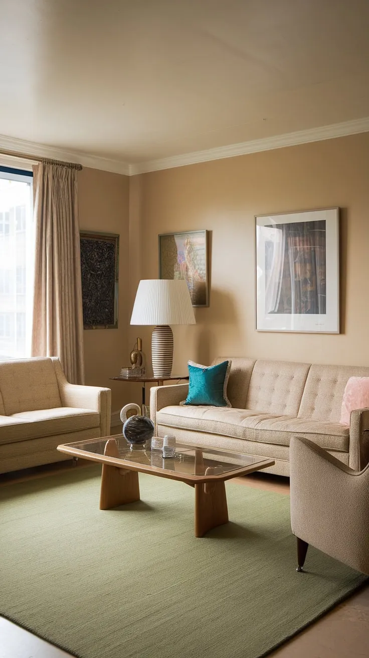 Step back in time to this serene 90s living room, a perfect blend of 90s furniture living rooms and subtle 80s home aesthetic influences. The beige palette, reminiscent of 70 house interior styles, is unexpectedly calming, while the green rug and pops of color add a touch of personality.  A testament to the enduring appeal of 90 home decor and even echoes of seventies home decor and 80 house decor.