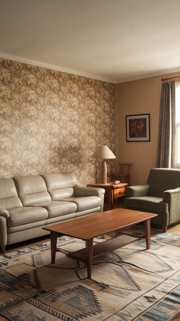 This beige and green haven perfectly captures the cozy charm of 90s home decor, blending seamlessly with elements reminiscent of the 70s house interior and 80s home aesthetic.  The floral wallpaper and 90s furniture living rooms style create a nostalgic atmosphere.