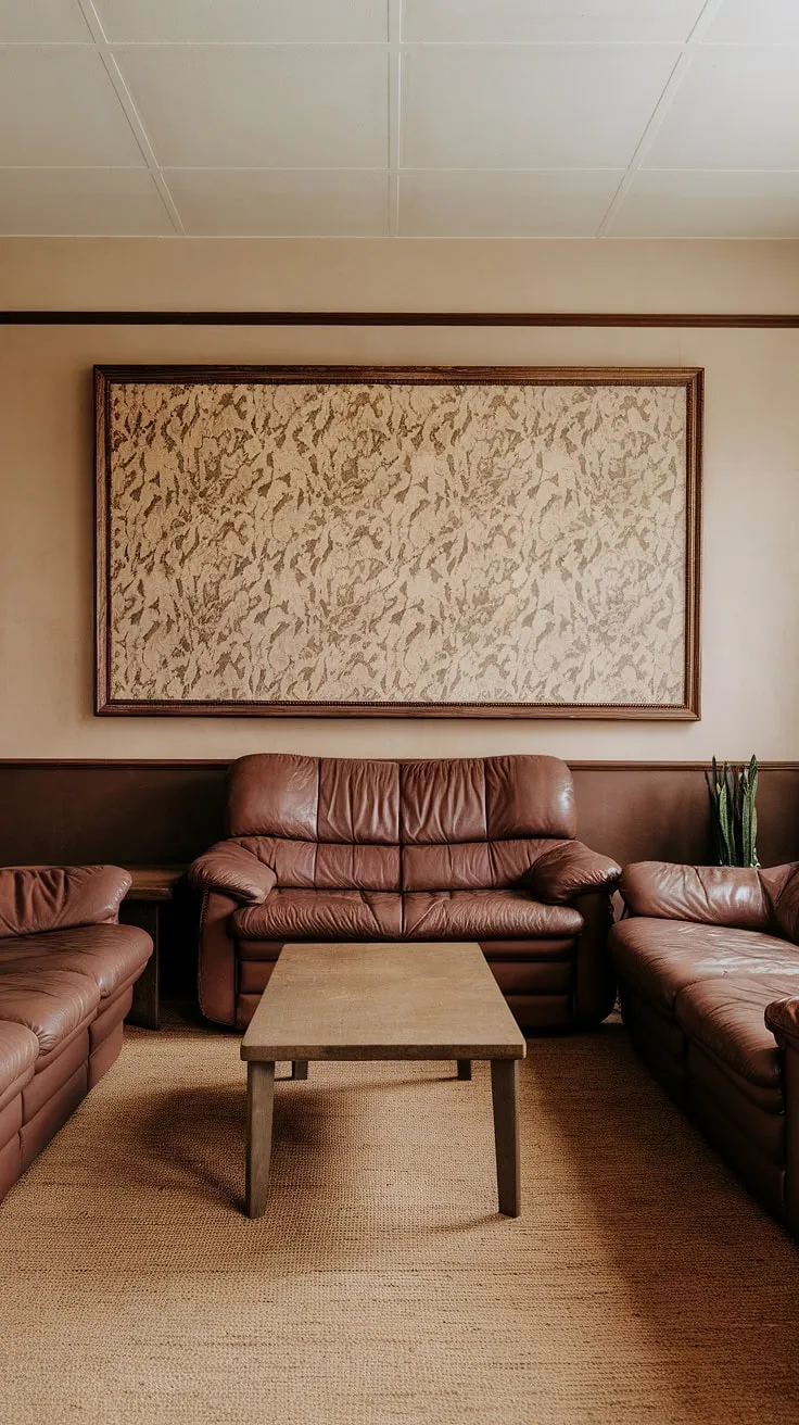 This space effortlessly captures the essence of seventies home decor and 80s home aesthetic.  The 90s living room showcases the enduring appeal of 90s furniture living rooms, with its warm brown leather seating and beige palette.  The large floral painting adds a touch of sophistication, a subtle nod to 70 house interior design principles, while the overall feel remains distinctly 90 home decor.