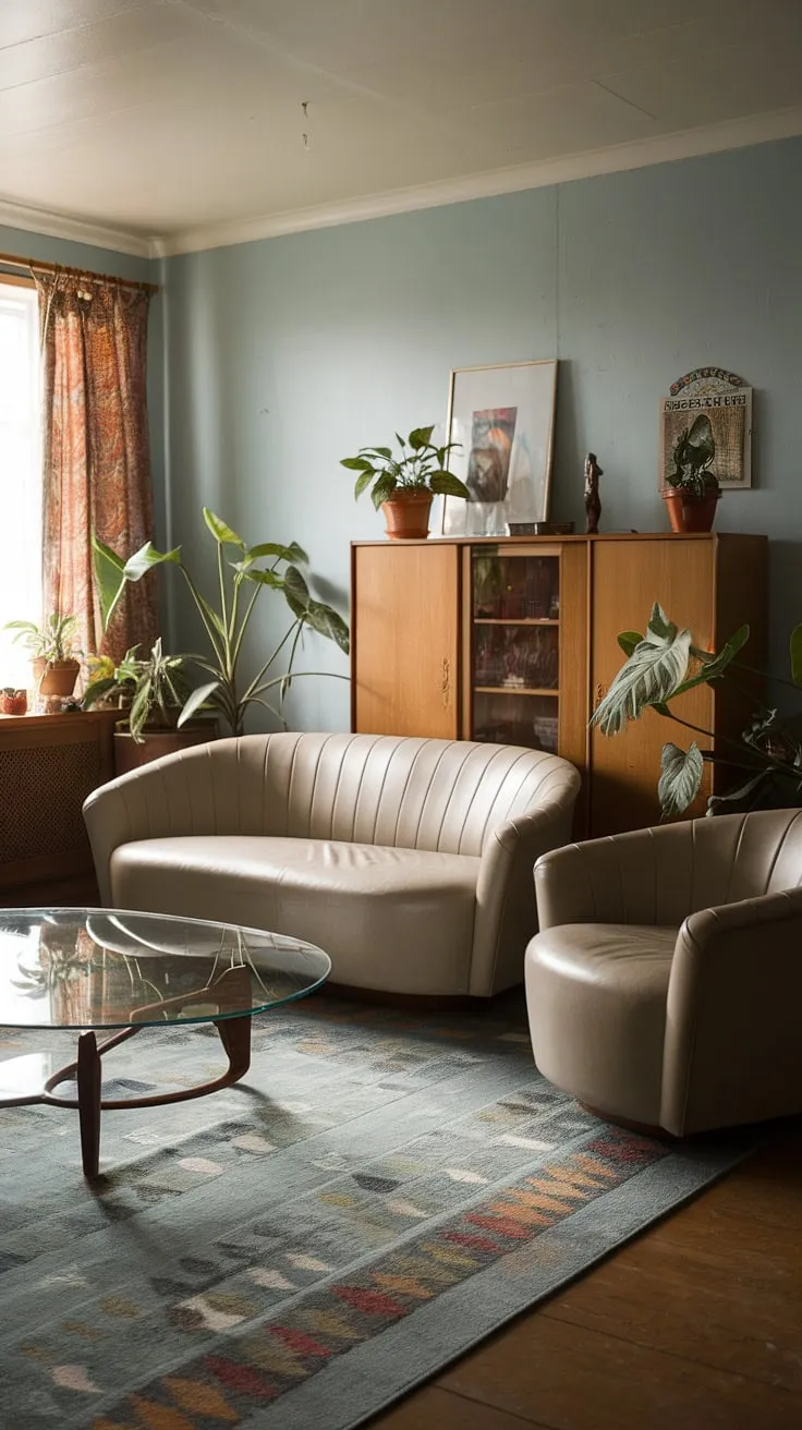 Soft blue walls, curved beige furniture, and a patterned rug create a nostalgic blend of 90s furniture living rooms and 80s home aesthetic.  The seventies home decor influences are subtle, yet add to the unique charm of this 90 home decor space.  A true testament to the eclectic design sensibilities of the era.