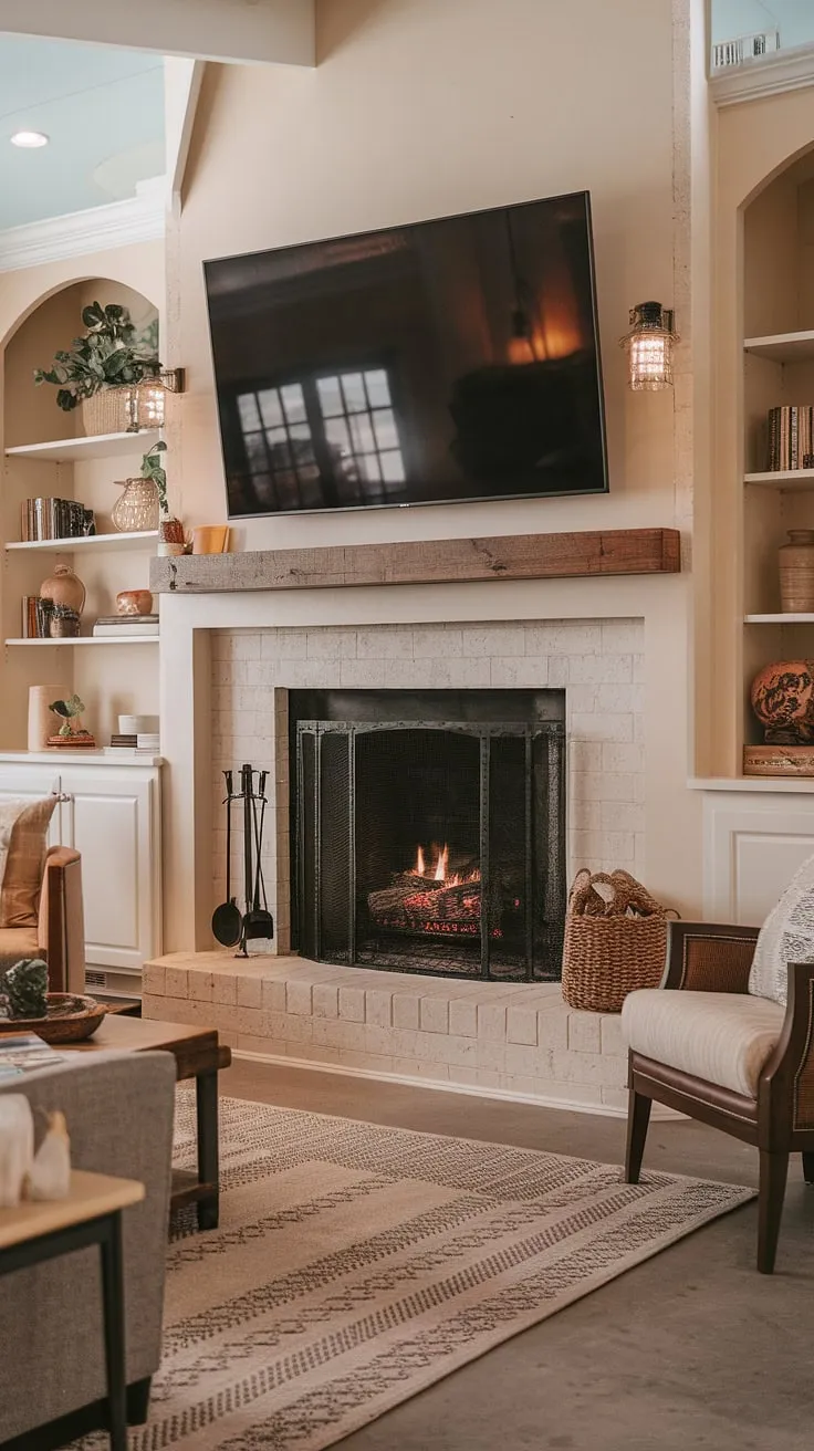 This living room remodel showcases the stunning impact of a fireplace makeover.  The above fireplace TV adds a modern touch, while the fireplace built-ins offer practical storage and visual appeal.  The living room fireplace is the focal point, creating a warm and inviting atmosphere.  For fireplace ideas that blend seamlessly with your living room decor fireplace, look no further. This home fireplace is a dream come true.
