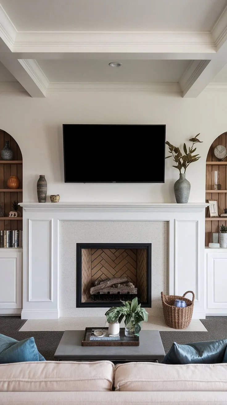 This living room fireplace remodel is a masterclass in modern design.  The above fireplace TV seamlessly integrates with the fireplace built-ins, creating a stunning focal point.  Clever living room decor fireplace accents complete the look, offering inspiration for your own fireplace ideas and living room remodel.