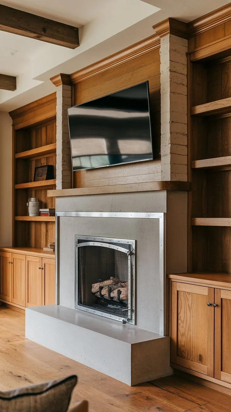Fireplace makeover complete!  This living room fireplace, featuring a sleek concrete surround and custom fireplace built-ins, is the heart of this home.  The above fireplace TV adds a touch of modern convenience, while the rich wood tones create a cozy atmosphere.  Get inspired by these fireplace ideas for your own living room decor fireplace.  A truly transformative living room remodel.