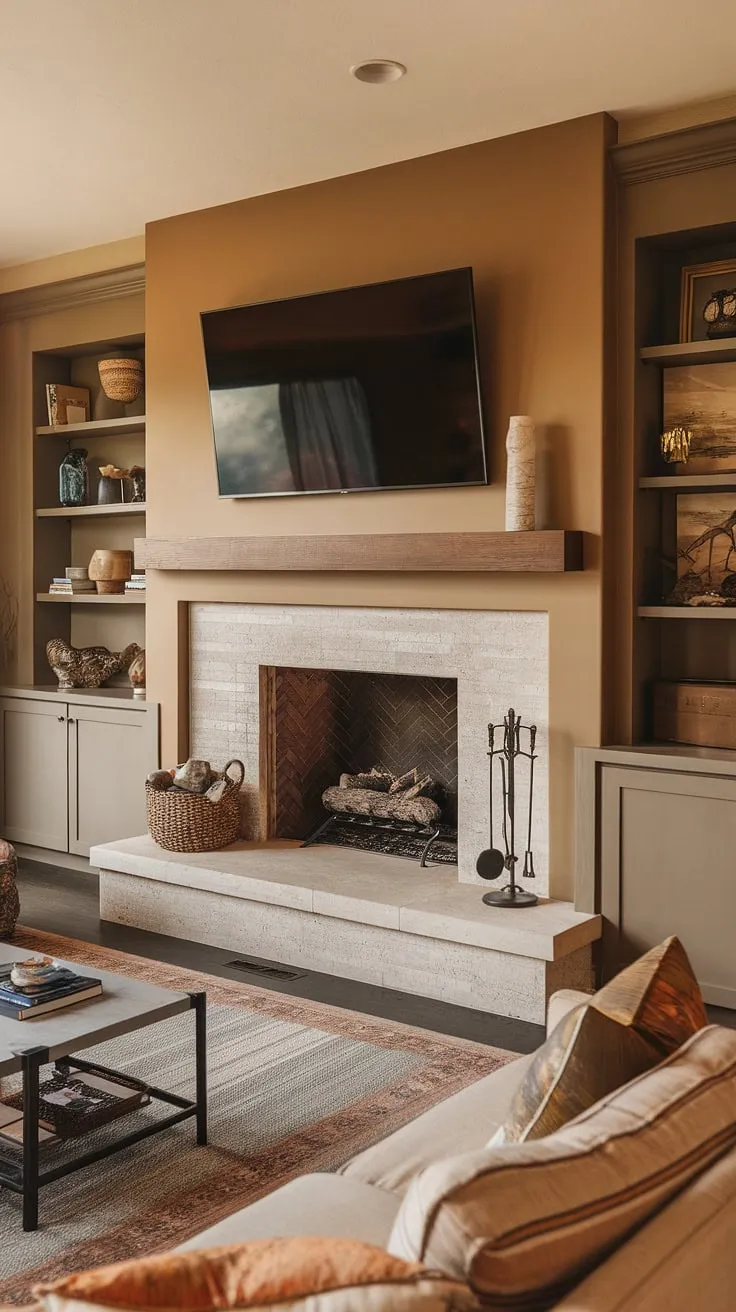 This fireplace makeover is a dream come true!  The living room fireplace, now featuring an above fireplace TV and clever fireplace built-ins, is the heart of this home.  From the fireplace ideas to the overall living room remodel, every detail was carefully considered.  The result? A warm and inviting space perfect for relaxation and entertainment.  This living room decor fireplace setup is the epitome of cozy comfort.