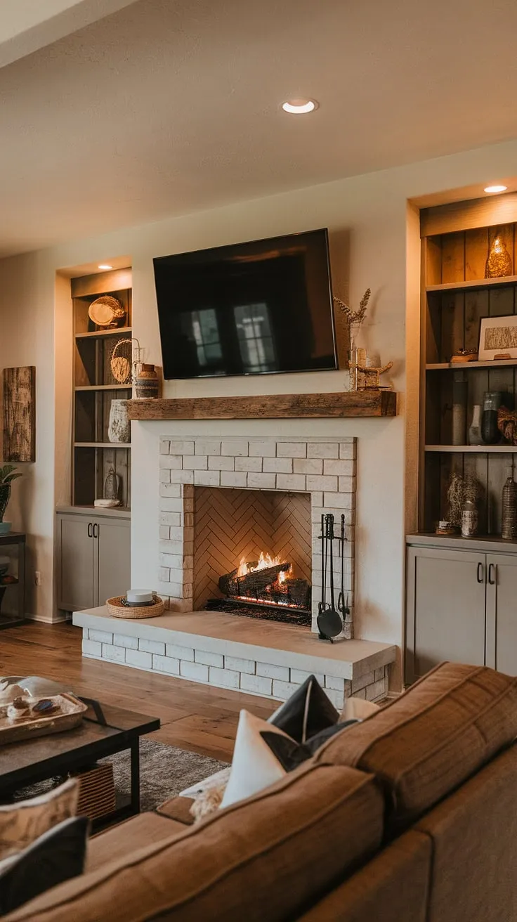 This living room decor fireplace is a stunning example of a successful fireplace remodel.  The above fireplace TV seamlessly integrates into the design, complemented by the practical fireplace built-ins.  From the warm lighting to the wood floors, every detail contributes to the inviting atmosphere of this living room fireplace.  Find inspiration for your own fireplace ideas here.