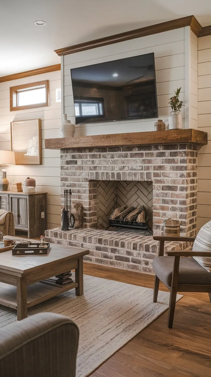 From drab to fab! This fireplace remodel transformed our living room.  The new fireplace built-ins, featuring a brick fireplace and a wooden mantel, are the perfect backdrop for the above fireplace TV. This living room fireplace is now the heart of the home, a testament to creative fireplace ideas and a successful living room decor fireplace transformation.