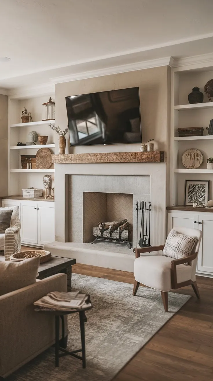 Cozy nights and movie marathons are made for this living room fireplace.  The fireplace remodel, complete with above fireplace TV and custom fireplace built-ins, is the heart of this rustic living room decor fireplace.  Fireplace ideas don't get much better than this home fireplace, a perfect example of a successful living room remodel.