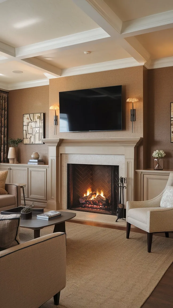 This home fireplace is the heart of this living room.  The fireplace makeover, including the addition of the above fireplace TV and stylish fireplace built-ins, elevates the space.  From the living room decor fireplace to the overall living room remodel, every detail contributes to a warm and inviting atmosphere.  Find your perfect fireplace ideas here.