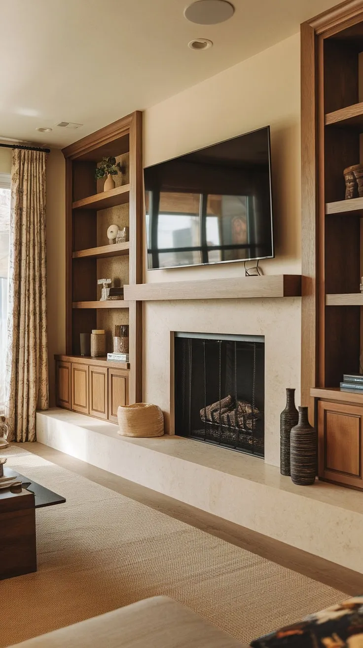 Fireplace ideas don't get much better than this living room fireplace makeover.  The fireplace built-ins flanking the above fireplace TV add both style and storage.  This living room remodel is a testament to thoughtful design, creating a warm and inviting atmosphere with the perfect blend of living room decor fireplace elements.