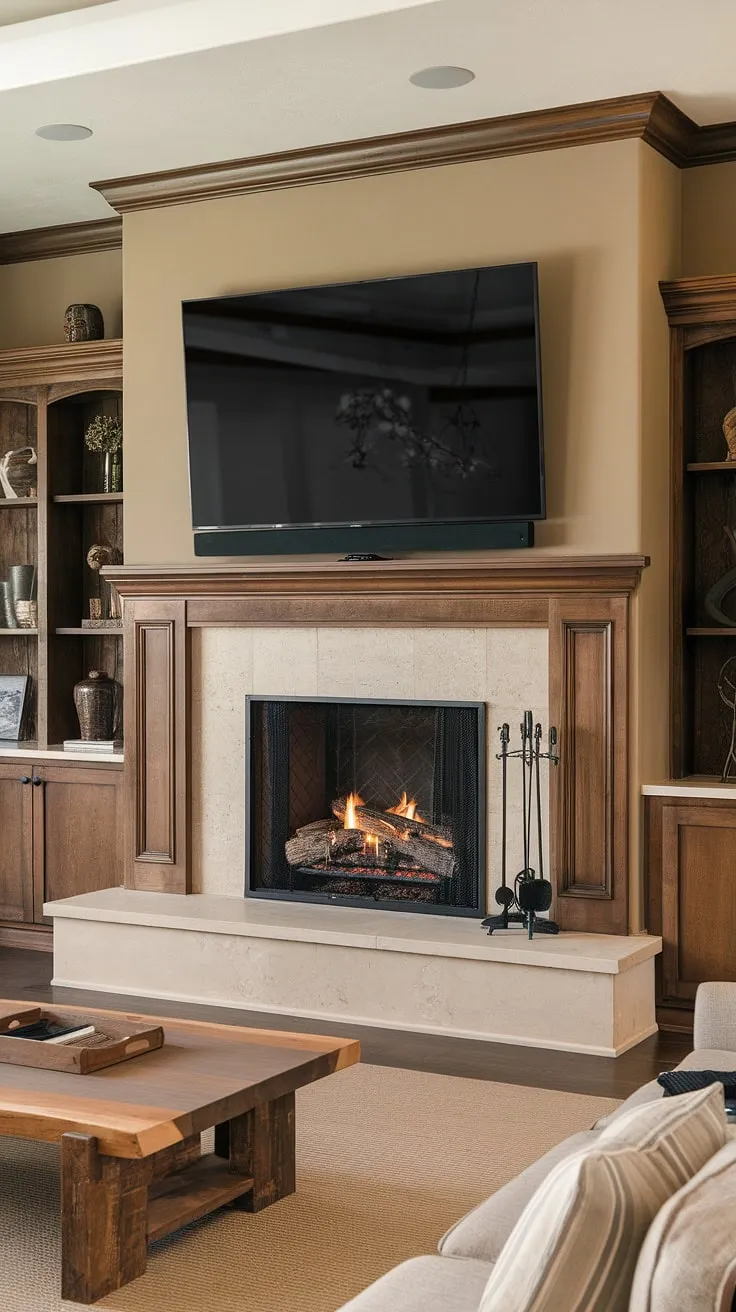 Fireplace makeover complete! This home fireplace, with its elegant fireplace built-ins and above fireplace TV, is the heart of this living room.  The living room remodel is a testament to the transformative power of a well-executed fireplace ideas.  This living room fireplace is the perfect blend of comfort and contemporary chic.