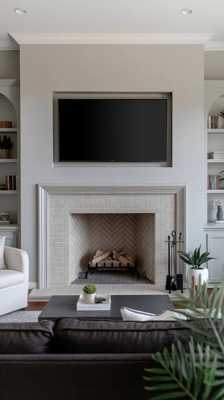 Cozy nights and movie marathons are made for this living room fireplace.  The fireplace remodel, complete with above fireplace TV and custom fireplace built-ins, is the perfect blend of form and function. This living room decor fireplace showcases stunning fireplace ideas and is a testament to a successful living room remodel.