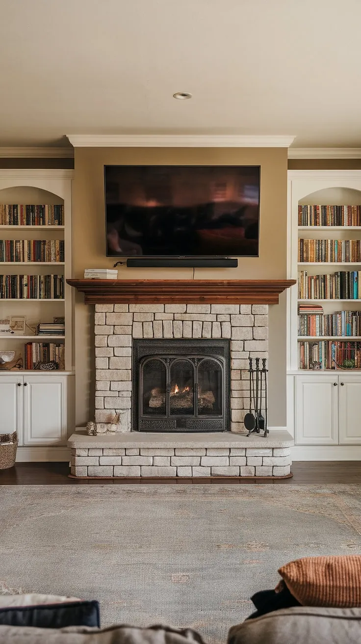 This living room remodel centers around a stunning home fireplace.  The fireplace built-ins, filled to the brim, add character and warmth.  The above fireplace TV completes the entertainment setup, making this living room fireplace the ultimate cozy retreat.  Consider this a masterclass in fireplace ideas, showcasing a successful fireplace makeover.