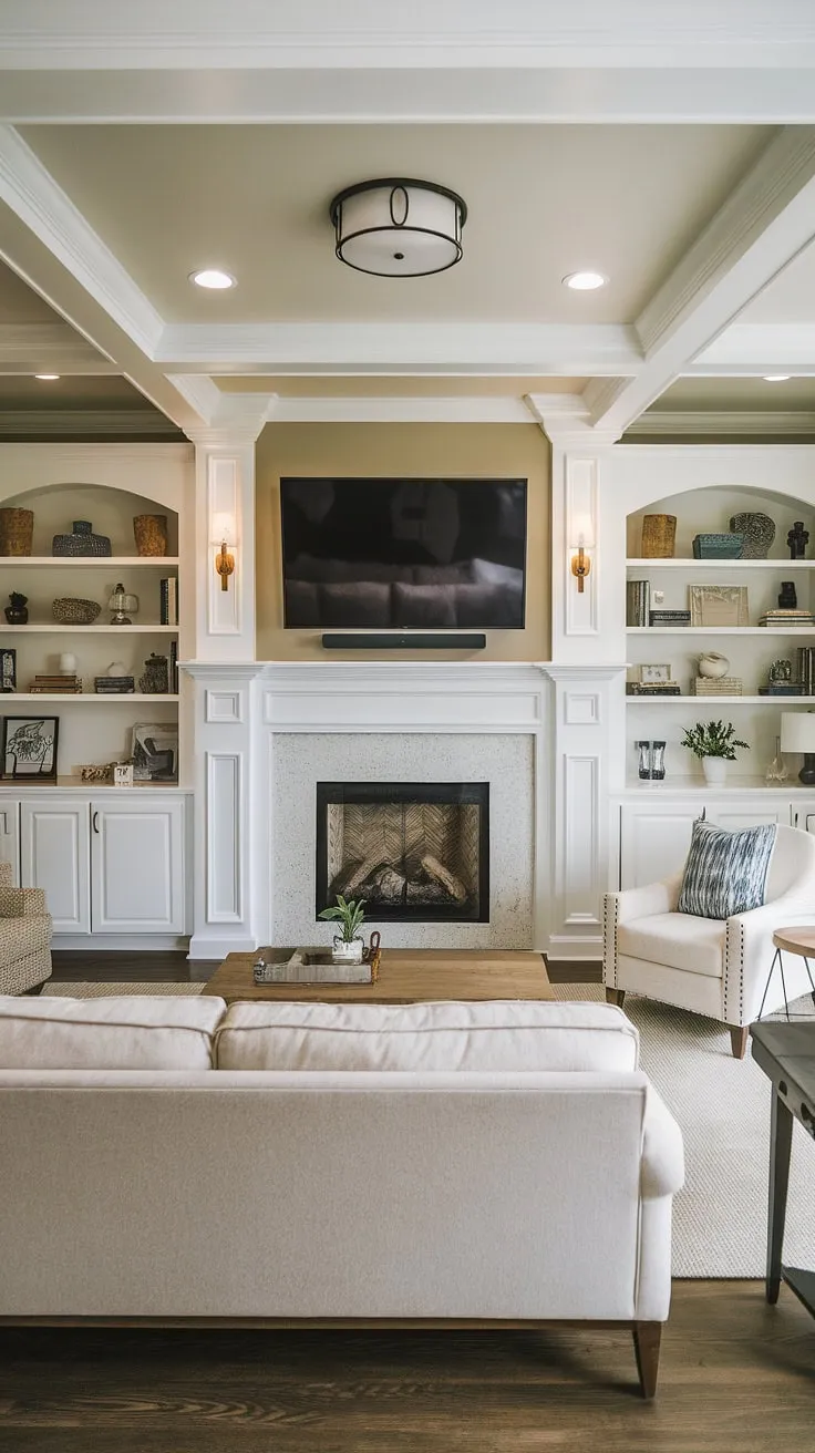 This living room fireplace remodel is a stunning example of how to blend modern convenience with classic charm.  The above fireplace TV seamlessly integrates into the design, flanked by practical fireplace built-ins, creating a focal point that elevates the entire living room decor fireplace.  This home fireplace makeover showcases clever fireplace ideas and transforms the space into a cozy and stylish retreat.  The result is a complete living room remodel that's both functional and beautiful.