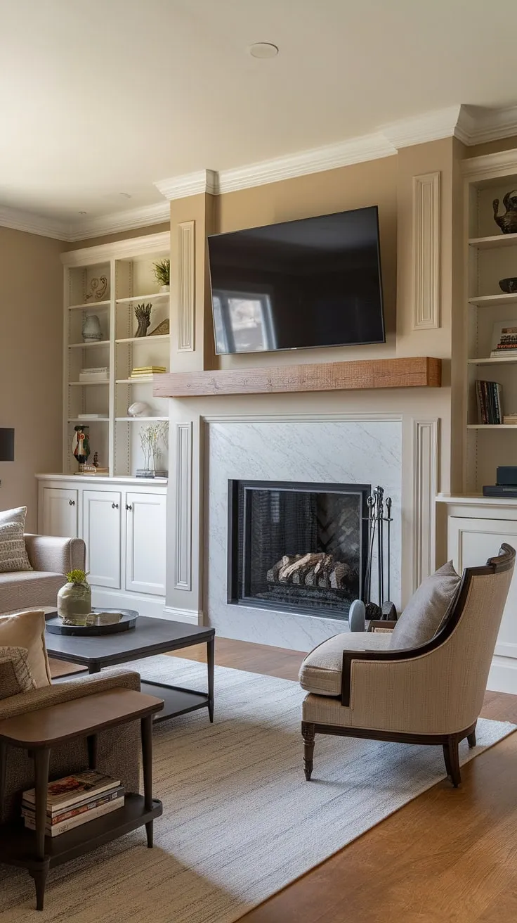 This living room fireplace is the heart of the home, a testament to thoughtful living room remodel design.  The fireplace makeover, featuring an above fireplace TV nestled amongst the fireplace built-ins, elevates the space.  From fireplace ideas to execution, this home fireplace is a masterpiece of living room decor fireplace style.