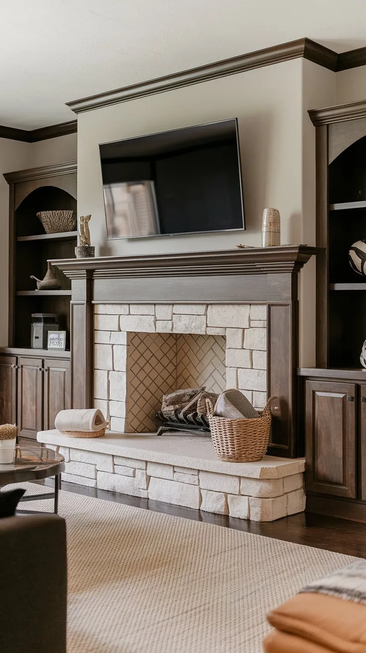 Cozy nights and movie marathons are made for this living room fireplace.  The fireplace remodel, complete with above fireplace TV and custom fireplace built-ins, is the perfect blend of modern convenience and rustic charm.  This living room decor fireplace showcases stunning fireplace ideas for your own home fireplace makeover or living room remodel.