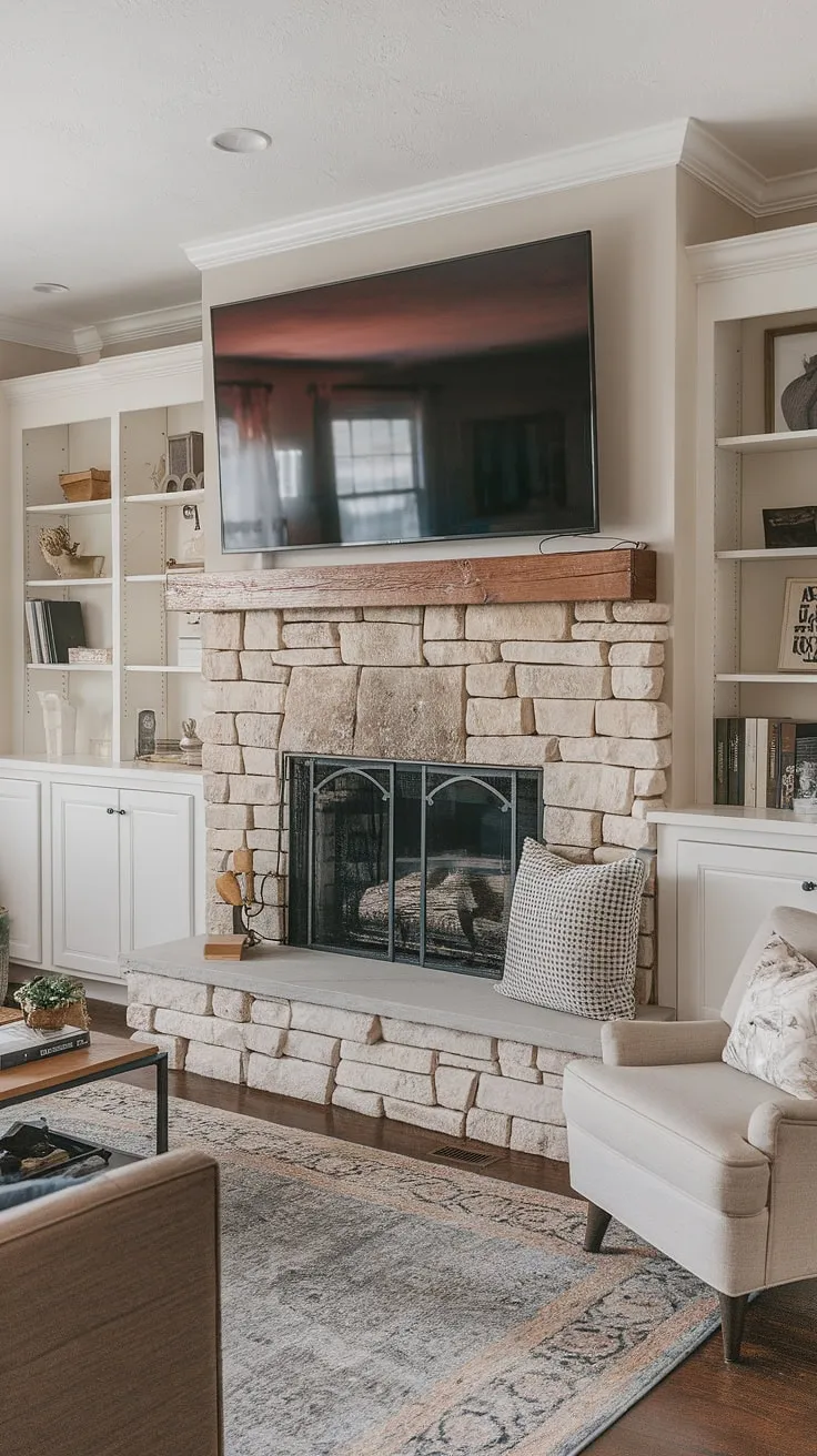 From drab to fab! This living room fireplace makeover is a stunning example of how a fireplace remodel can transform a space.  The above fireplace TV is perfectly integrated, flanked by custom fireplace built-ins that maximize storage and style.  This living room decor fireplace showcases incredible fireplace ideas, creating a cozy and sophisticated atmosphere. The result? A breathtaking living room fireplace and a complete living room remodel.