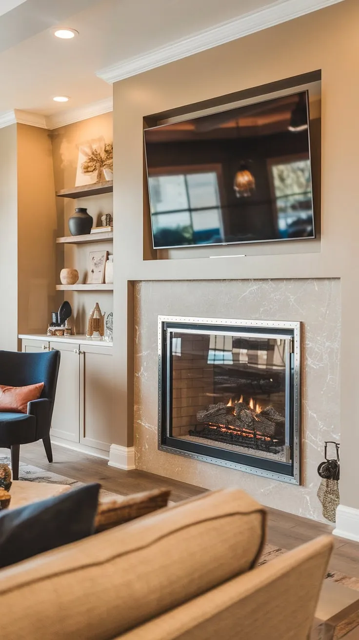 This living room fireplace is the heart of the home.  The fireplace makeover, including the stunning fireplace built-ins and cleverly placed above fireplace TV, is a masterclass in living room decor fireplace design.  We're obsessed with the modern fireplace ideas incorporated into this living room remodel.  The result? A space that's both stylish and incredibly inviting.