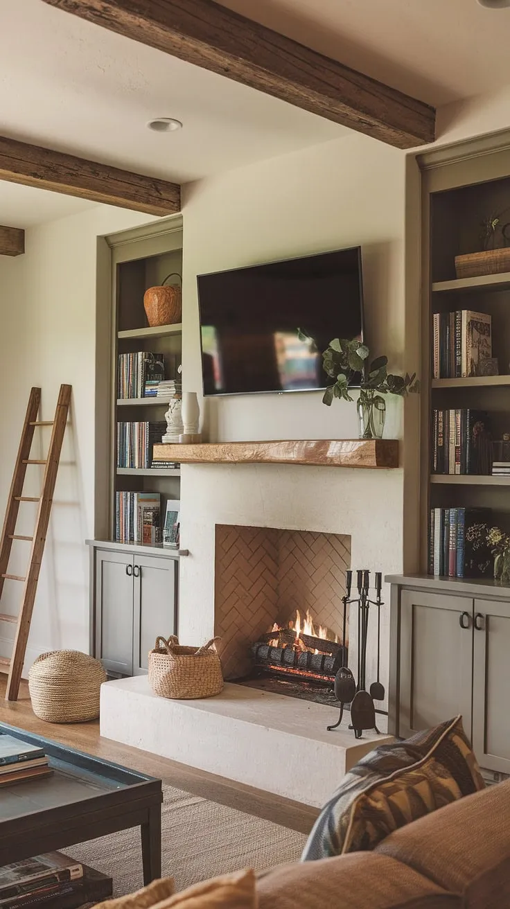 This living room fireplace is the heart of the home.  The fireplace makeover, featuring custom fireplace built-ins and an above fireplace TV, elevates the space.  From the rustic wooden beams to the carefully curated living room decor fireplace, this room is full of fireplace ideas for your next living room remodel.