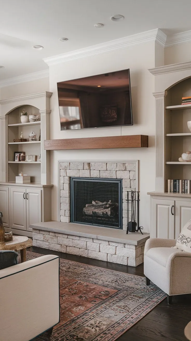 Cozy nights and movie marathons are made for this living room fireplace, complete with above fireplace TV and custom fireplace built-ins.  The fireplace remodel transformed this space, showcasing stunning fireplace ideas and creating the perfect living room decor fireplace focal point. This living room remodel is a testament to thoughtful design.