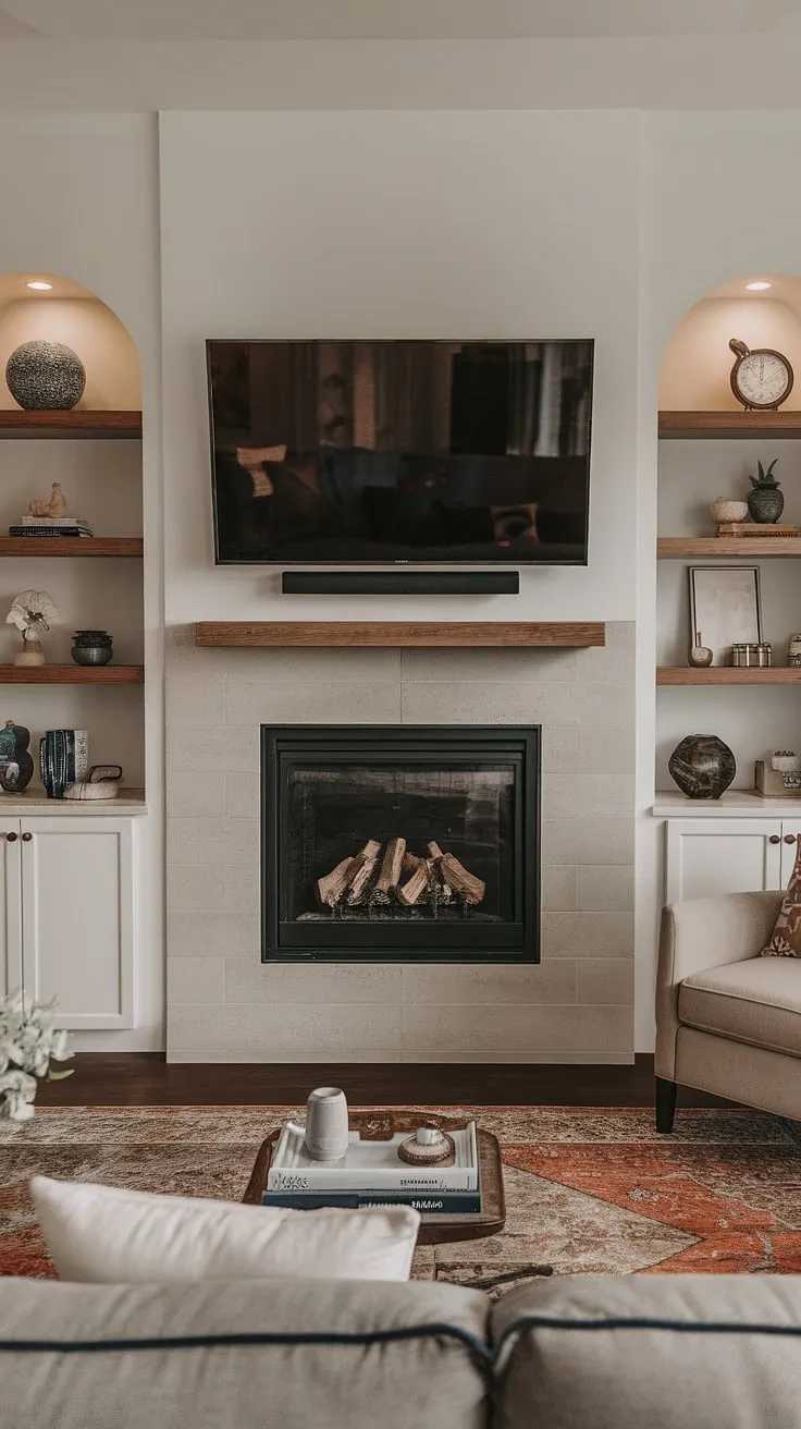 Cozy nights and movie marathons are made for this living room fireplace.  The fireplace remodel, complete with above fireplace TV and fireplace built-ins, is the perfect blend of modern design and cozy ambiance. This living room decor fireplace showcases stunning fireplace ideas for your own home fireplace makeover or living room remodel.