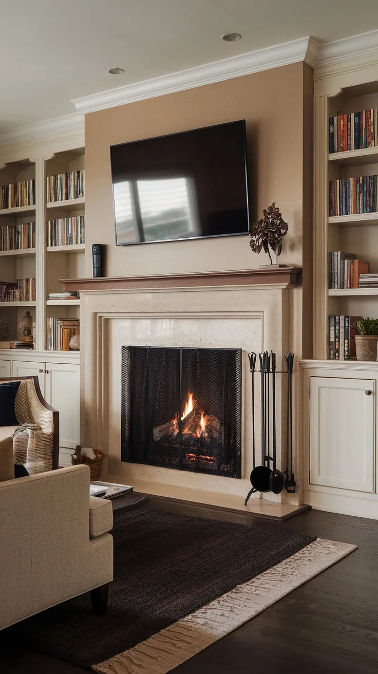 This home fireplace is the heart of this living room.  The fireplace makeover, including the fireplace built-ins and strategically placed above fireplace TV, elevates the entire space.  From the living room decor fireplace to the dark rug, every detail contributes to the inviting atmosphere.  For fireplace ideas that seamlessly blend comfort and style, look no further. This living room remodel is a testament to thoughtful design.