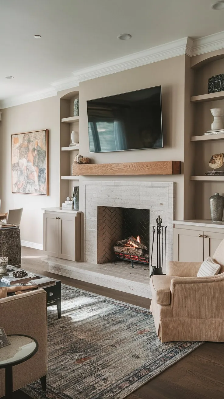 Cozy nights and movie marathons are made for this living room fireplace, complete with a stunning above fireplace TV and custom fireplace built-ins.  The fireplace remodel truly transformed the space, showcasing clever living room decor fireplace ideas and making it the heart of the home. This living room remodel is a testament to thoughtful design.