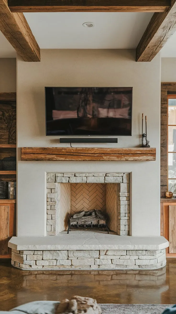 This home fireplace is a stunning centerpiece, showcasing a fireplace makeover that seamlessly blends rustic charm with modern convenience. The above fireplace TV adds a touch of contemporary flair to the fireplace built-ins, while the polished concrete floor complements the living room decor fireplace perfectly.  Consider this your ultimate guide to fireplace ideas for your own living room remodel.
