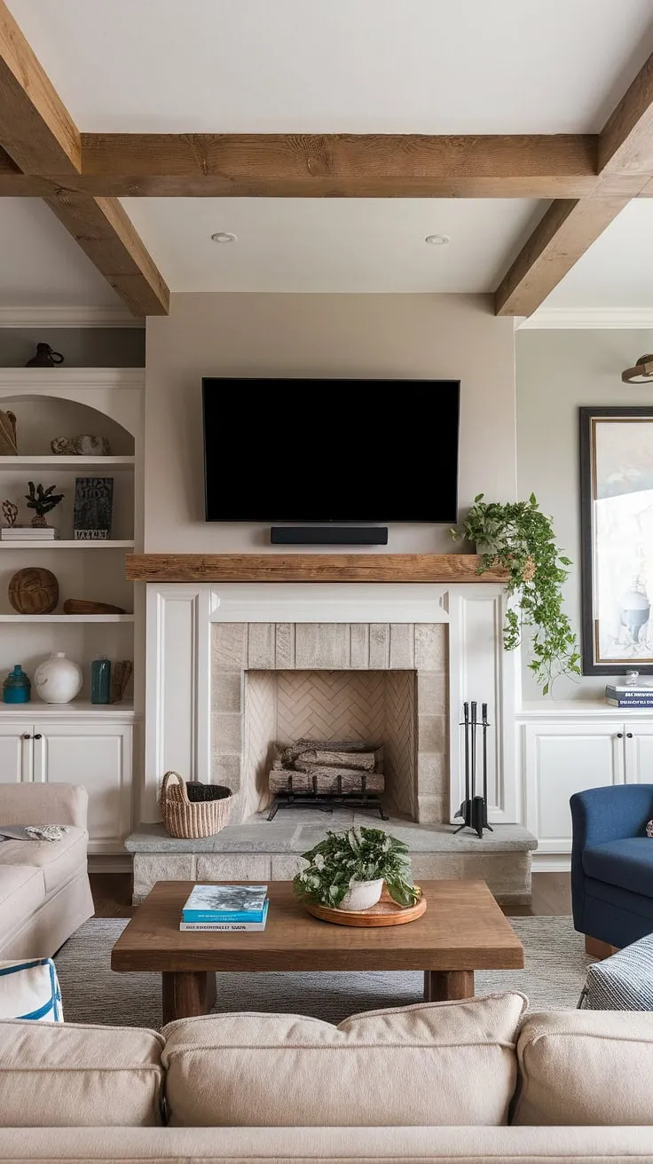 This living room remodel is a masterclass in rustic charm.  The living room fireplace, featuring a stunning stone hearth, fireplace built-ins, and an above fireplace TV, is the perfect focal point.  Get inspired by these fireplace ideas for your own home fireplace makeover.