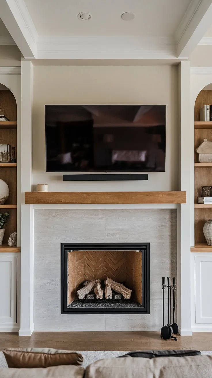 This living room fireplace remodel is a masterclass in modern design.  The sleek fireplace, complete with fireplace built-ins, anchors the space, while the above fireplace TV adds a touch of contemporary convenience.  Perfect fireplace ideas for a living room decor fireplace upgrade.  This home fireplace is the heart of the living room remodel.
