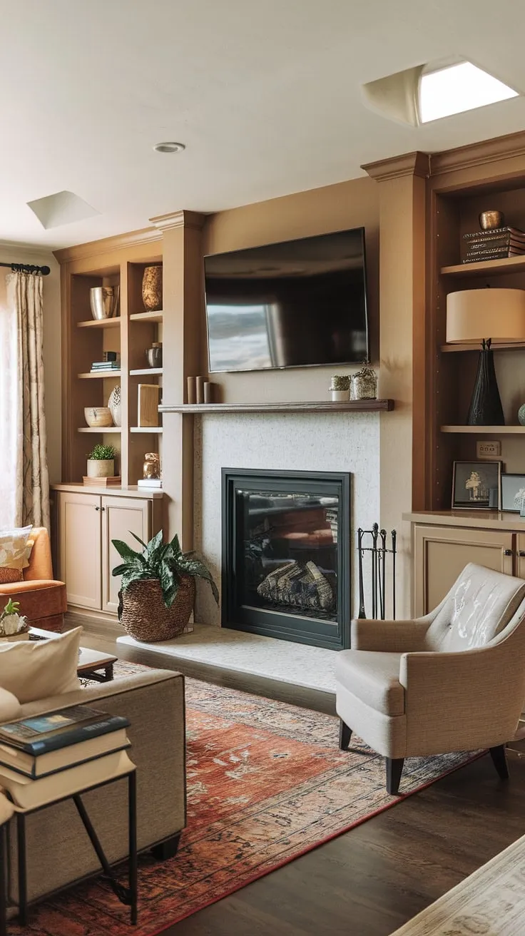 This living room fireplace is the heart of the home.  The fireplace makeover, featuring custom fireplace built-ins and an above fireplace TV, elevates the space.  From the living room decor fireplace to the overall living room remodel, every detail speaks to comfort and style.  For those seeking fireplace ideas, this is a stunning example of how to create a truly inviting atmosphere.