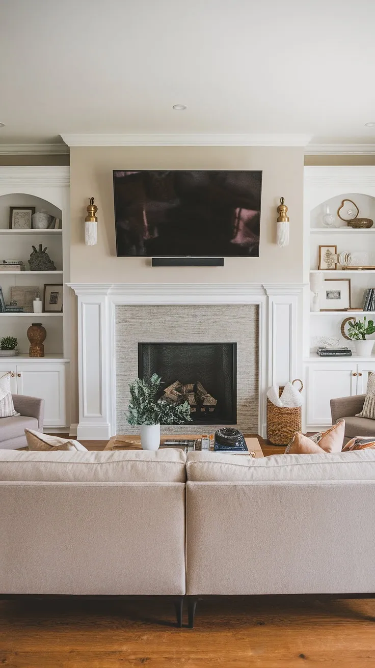 Our fireplace remodel transformed this living room!  The addition of fireplace built-ins and a strategically placed above fireplace TV completely updated the space.  This living room fireplace is now a showstopper, showcasing a blend of modern living room decor fireplace and functional design.  For anyone seeking fireplace ideas or inspiration for their own home fireplace, this is a must-see.
