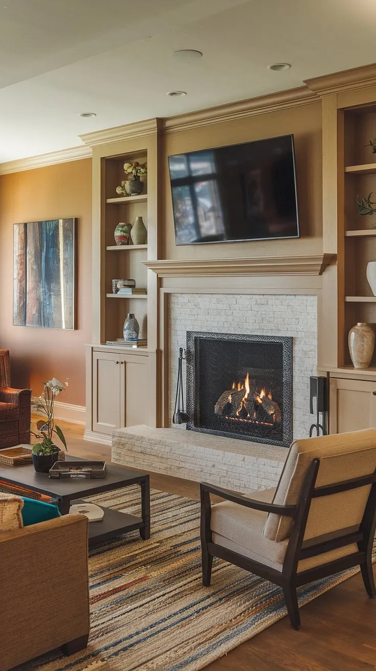 This living room fireplace is the heart of the home.  The fireplace built-ins offer ample storage, while the above fireplace TV provides effortless entertainment.  From fireplace ideas to a complete living room remodel, this space is a testament to thoughtful design.  Consider this your inspiration for your own home fireplace makeover.