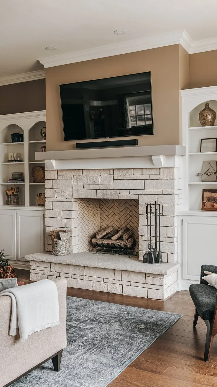 This living room fireplace remodel is a stunning example of modern design.  The fireplace built-ins offer ample storage, while the above fireplace TV provides the perfect entertainment focal point.  This home fireplace is the heart of the living room, showcasing innovative fireplace ideas and creating a cozy atmosphere.  The living room decor fireplace perfectly complements the living room remodel.