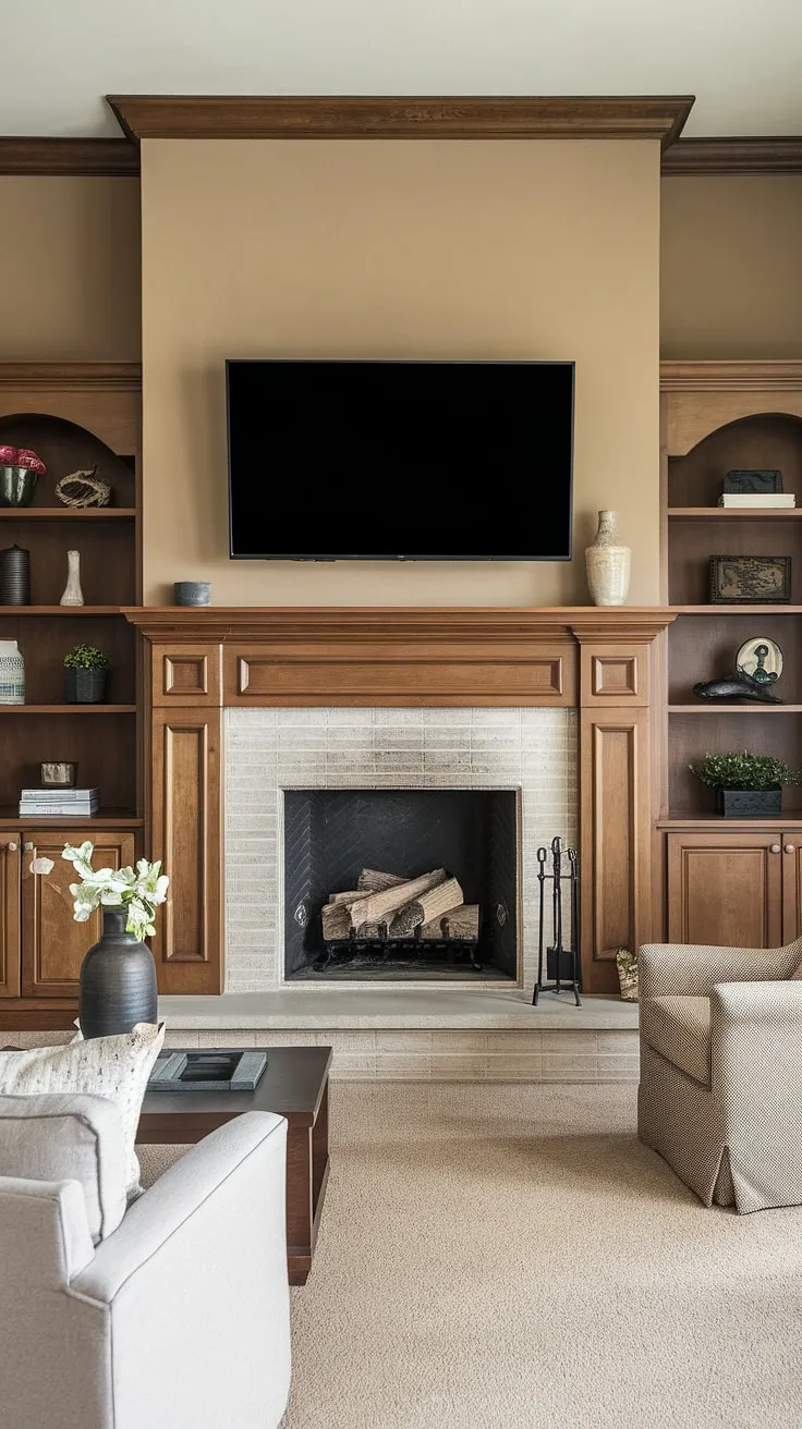This home fireplace is the heart of this living room.  The fireplace makeover, including the above fireplace TV and clever fireplace built-ins, showcases stunning living room decor fireplace ideas.  From the fireplace remodel to the overall living room remodel, every detail was carefully considered.