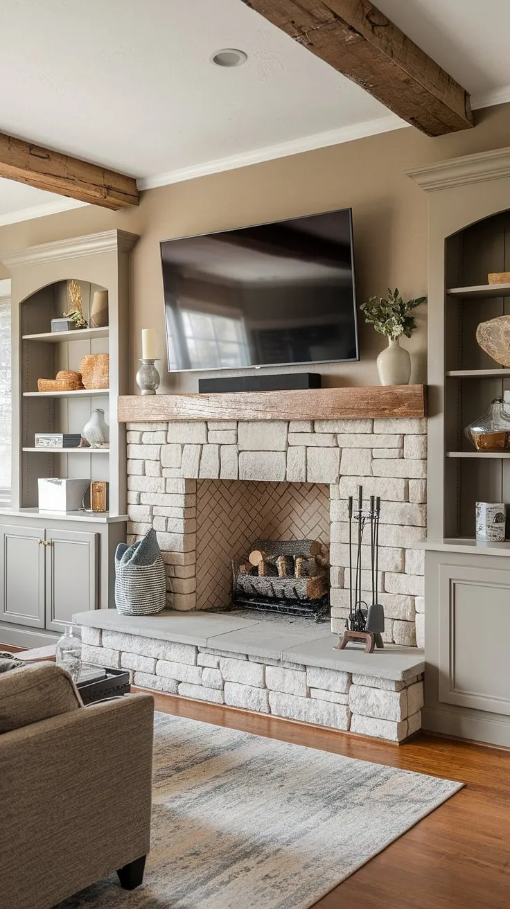 Cozy nights and movie marathons are made for this living room fireplace.  The fireplace remodel, complete with above fireplace TV and custom fireplace built-ins, is the perfect blend of rustic charm and modern convenience.  This living room decor fireplace showcases stunning fireplace ideas for your own home fireplace makeover or living room remodel.