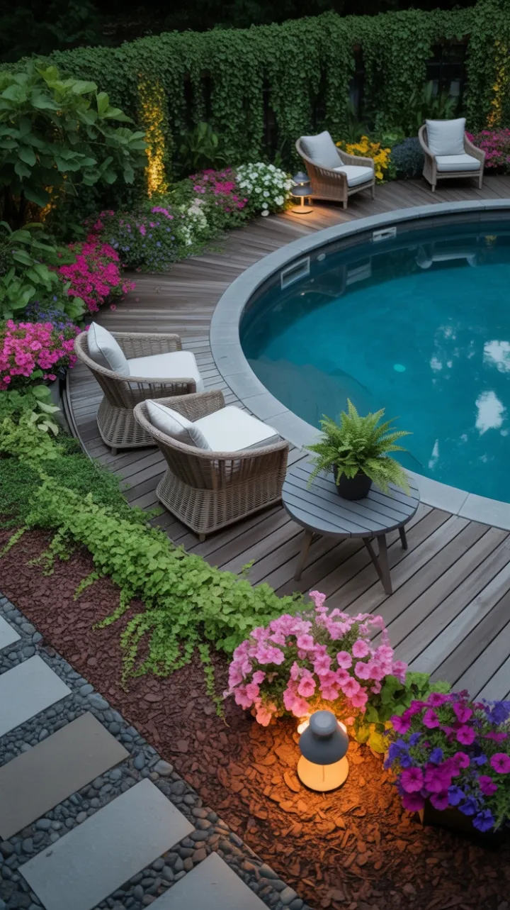 Curved Wooden Pool Deck Oasis Wrapped in Lush Garden Glow