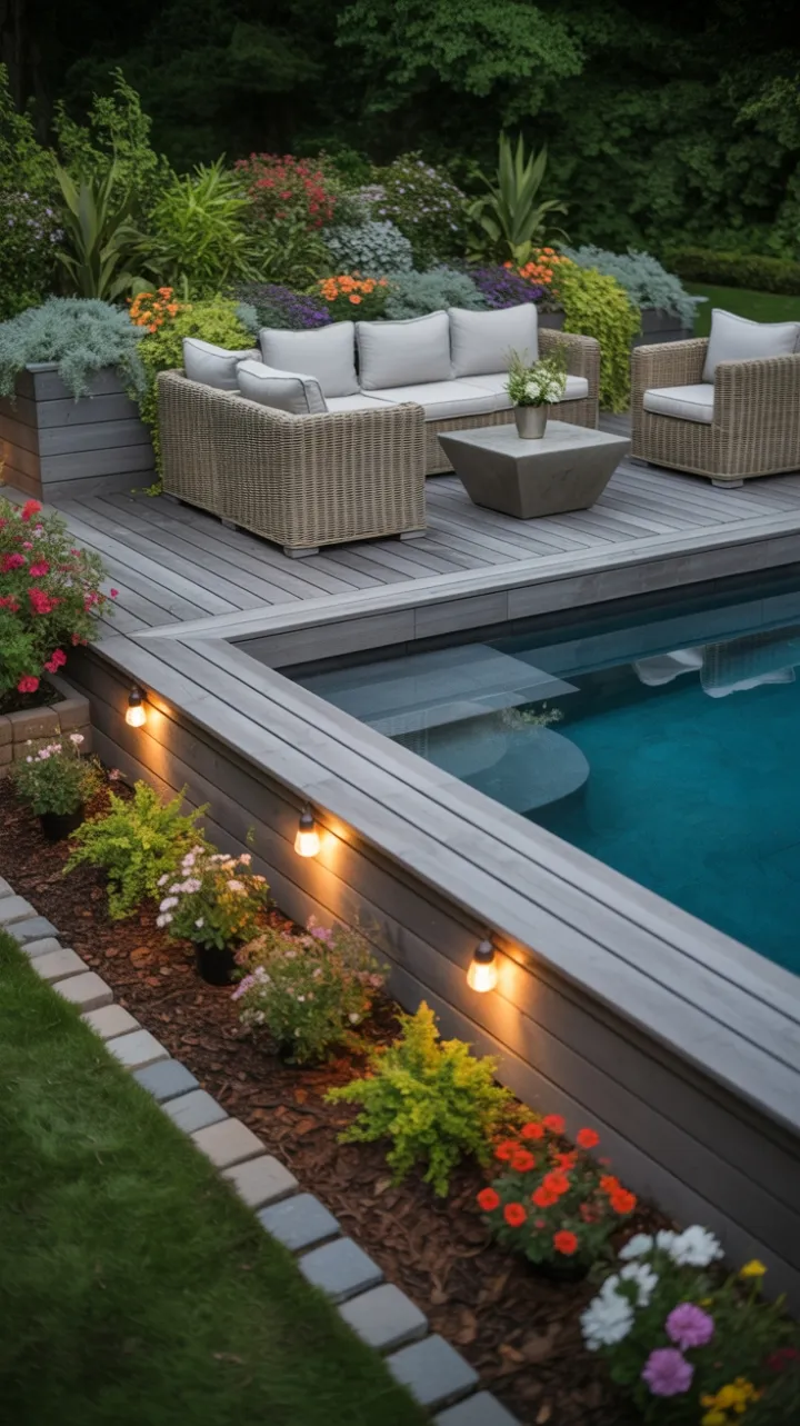 Sunset Garden Pool Deck – Lush, Cozy Outdoor Retreat