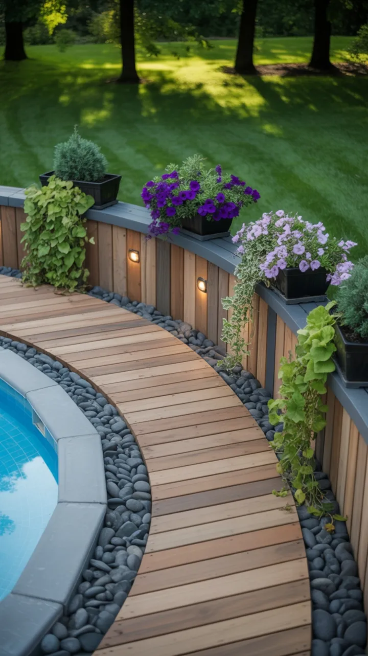 Sunlit Circular Wood Deck Pool Oasis with Blooming Petunias and Warm Ambient Glow