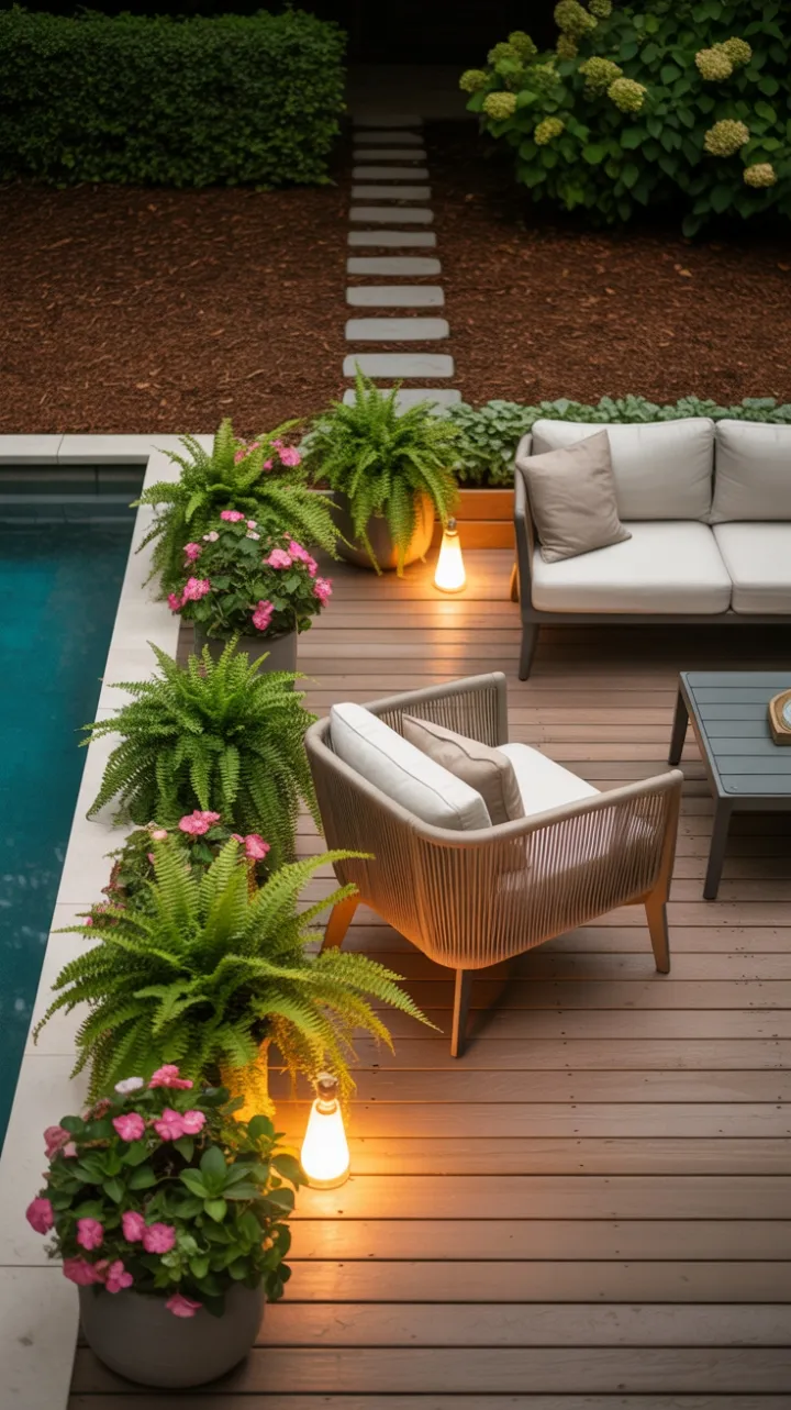Lush Herringbone Pool Deck with Linen Lounge and Glowing Garden Ambience