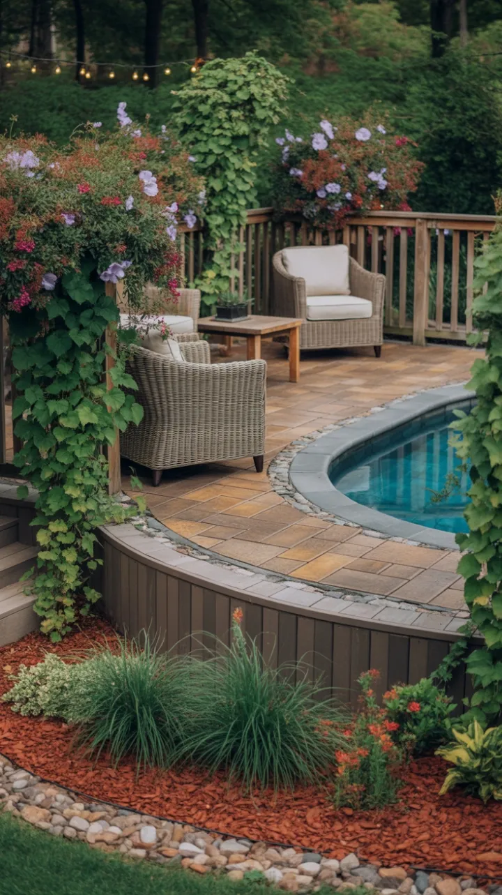 Garden Deck Oasis with Blooming Vines and Twinkling Lights