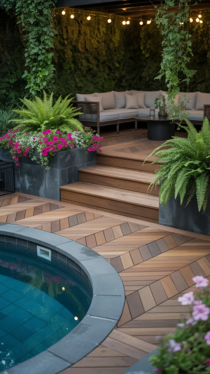 Sunset Soak in a Lush Herringbone Pool Oasis