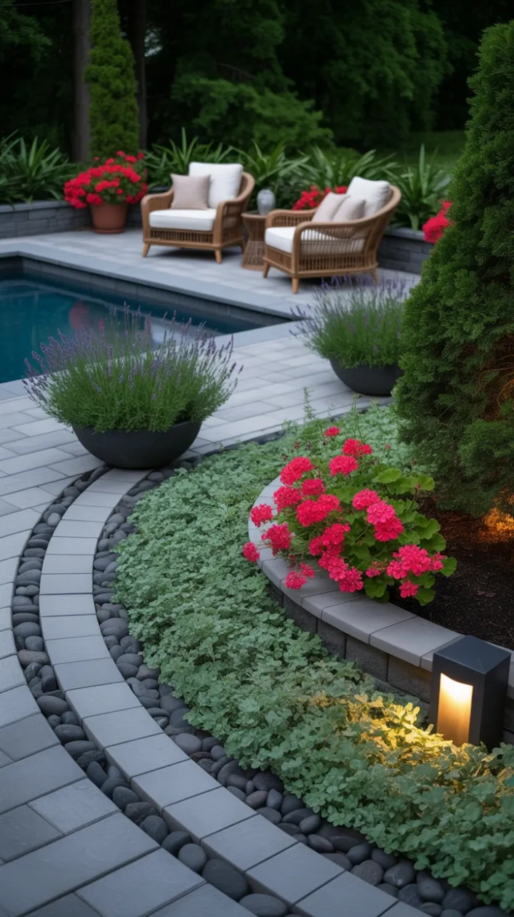 Elevated Poolside Oasis of Lavender, River Stone, and Rattan