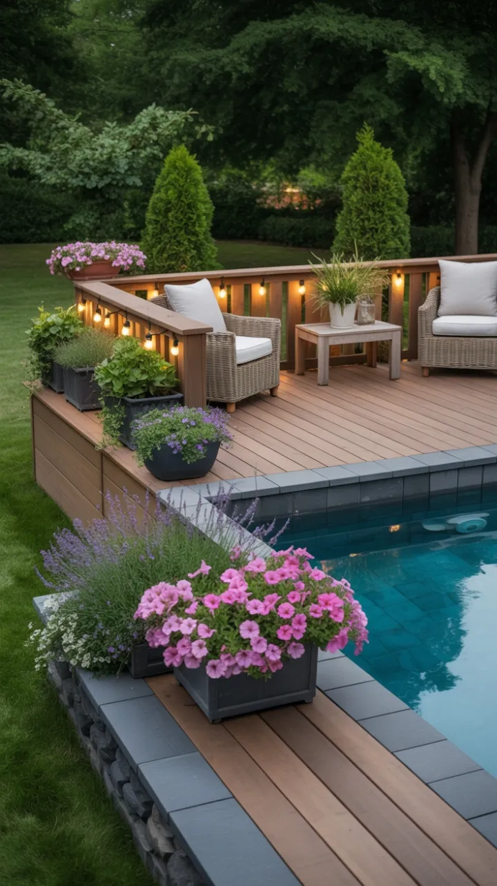 Lush Garden Pool Deck with Warm Lights and Blooming Petunias