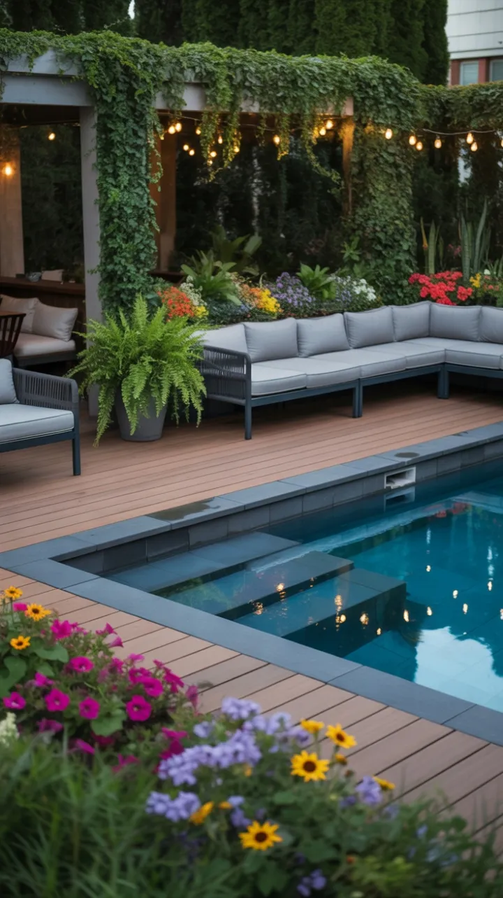 Dusk-Glow Luxury Above-Ground Pool Deck Amid a Lush Blooming Garden