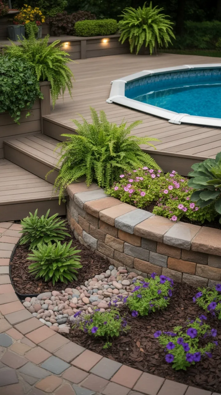 Sunset-Lit Paver Deck and Lush Poolside Garden Oasis