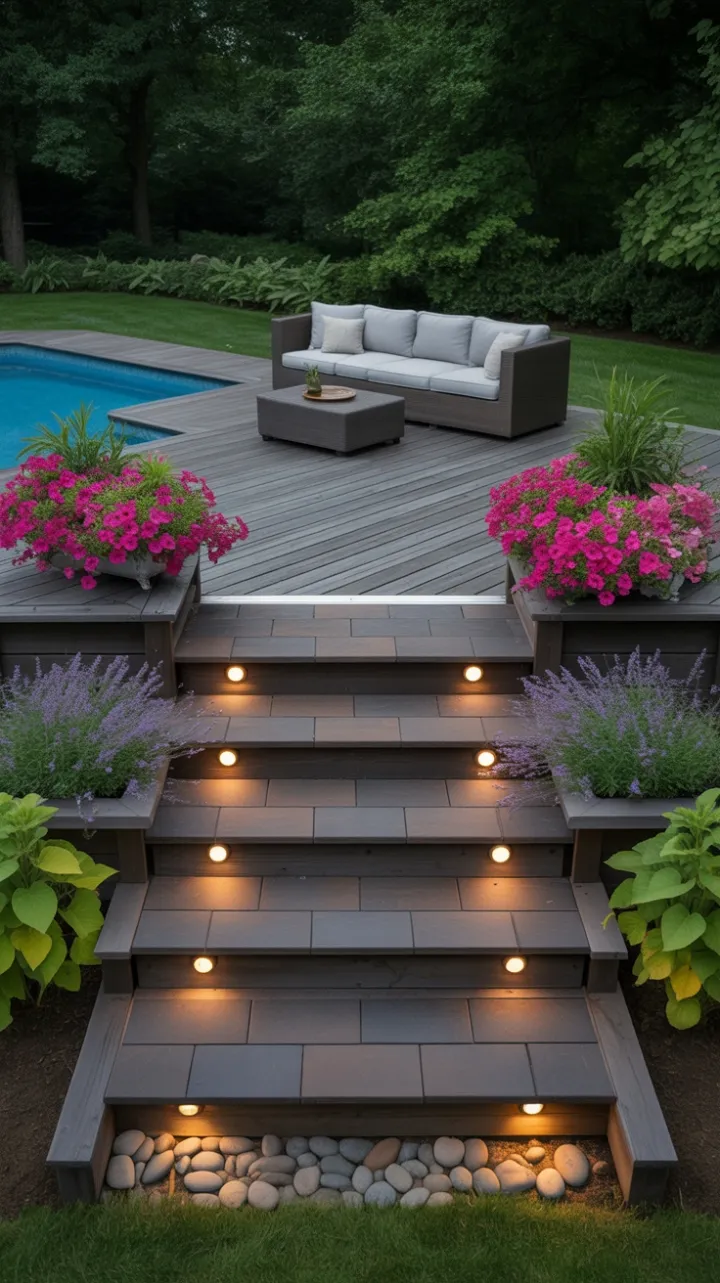 Luxe Garden Pool Deck Framed by Lavender and Blooming Petunias
