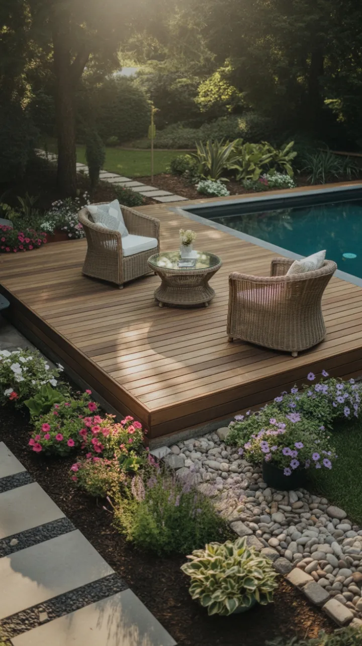 Sunlit sanctuary on a warm wooden pool deck surrounded by lavender and petunias