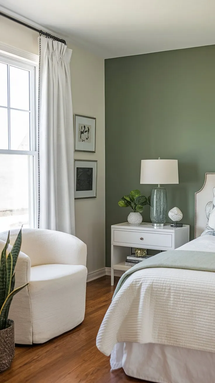 A safe green accent wall transforms this bedroom. Bitter sage paint creates a sophisticated backdrop for the white furniture, showcasing the beauty of sage green house decor in this charming space.